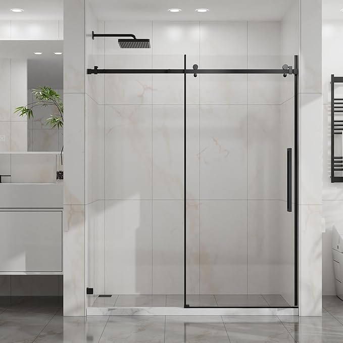 Frameless Shower Door 60" W x 72" H, 1/4" Clear Tempered Glass, Sliding Design, Reversible Installation, Matte Black Finish, Space-Saving Glass Shower Door for Small Bathrooms