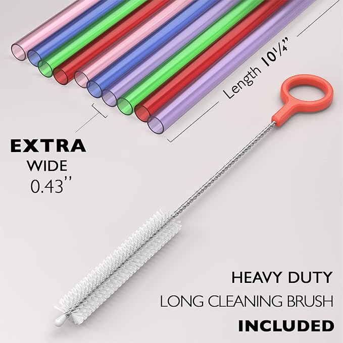 10 EXTRA WIDE Long Reusable Hard Plastic Drinking Straws + Cleaning Brush - Fat Thick Large Jumbo Straws for Smoothies, Milkshakes, Thick Drinks - Assorted - Dishwasher Safe BPA Free