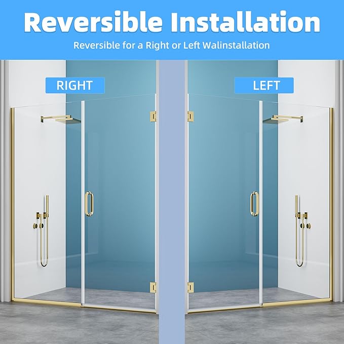 Pivot Shower Door, Adjustable Width 58.5-60" W x 76" H Hinged Shower Glass Door with 3/8" (10mm) Clear SGCC Tempered Glass with Nano Easy-Clean Coating, L01 Brushed Gold