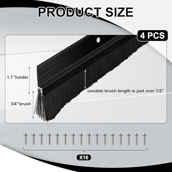 Frienda 4 Set Door Brush Bottom Sweep Brush Weather Stripping Aluminum Door Seal with Screws for Gaps up to 1 Inch, for Home, Commercial Gate, Fill Gaps Dust, Debris (1 x 36 Inch,Black)