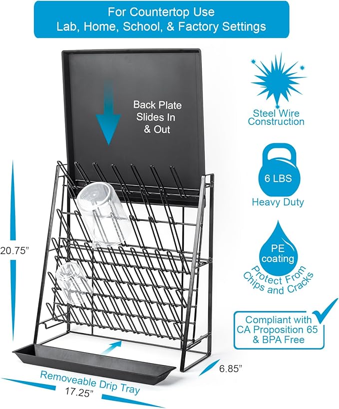 Drying Rack for Lab Glassware and Bottles - Laboratory Draining Dryer Stand for Countertop, Space Saving Steel Wire Frame - Station for Baby Feeding Bottle