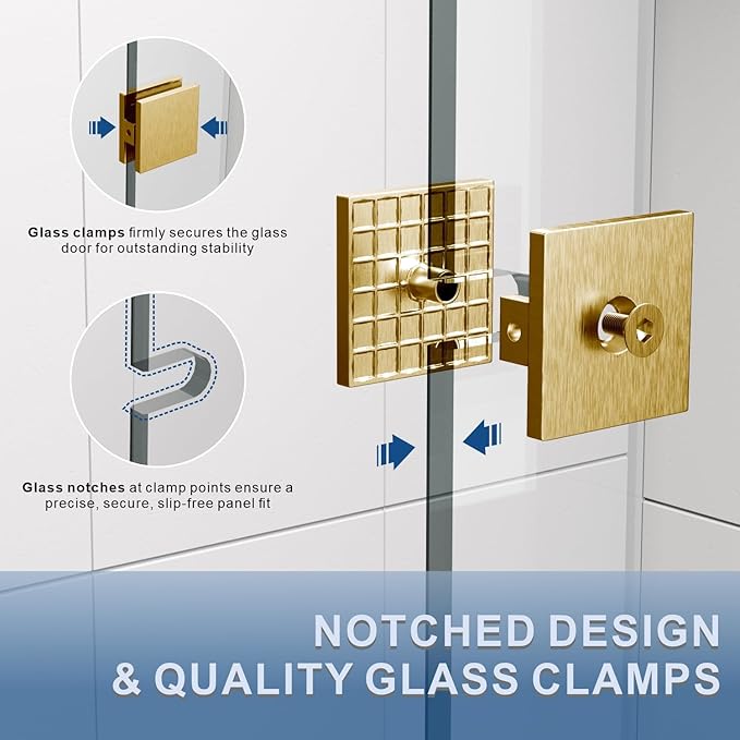 32" W ×80" H Shower Glass Panel, Frameless Fixed Glass Shower Panel with Clamps, 3/8" (10mm) Thick Clear Certified Tempered Shower Door, Bathroom Shower Screen in Satin Brass UKH07B2-32X80-SB