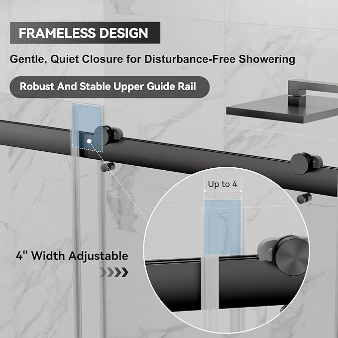 56"-60" W x 75" H Frameless Shower Door, Double Sliding Shower Door,5/16"(8mm) Clear Tempered Glass,Silent Soft-Close Design,Matte Black