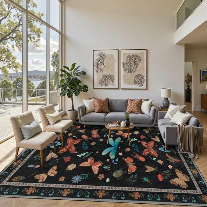 8x10 Washable Area Rugs for Living Room&Bedroom - Floral Boho Vintage Rug,Soft & Non-Slip,Low Pile Wool Carpet for Indoor Dining Room,Girls Room,Nursery Room and Kids Room(Black)