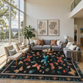 8x10 Washable Area Rugs for Living Room&Bedroom - Floral Boho Vintage Rug,Soft & Non-Slip,Low Pile Wool Carpet for Indoor Dining Room,Girls Room,Nursery Room and Kids Room(Black)