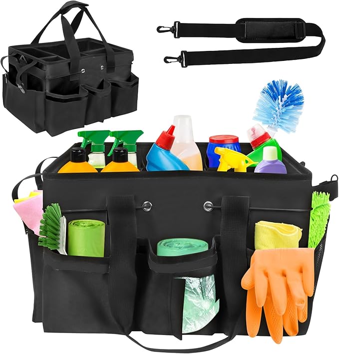 Wearable Cleaning Caddy Organizer with Handle & Shoulder Straps for Cleaners, 5 Compartments, Housekeeping Tote for Kitchen & Bathroom, Car Tool Caddy Organizer Bag (black)
