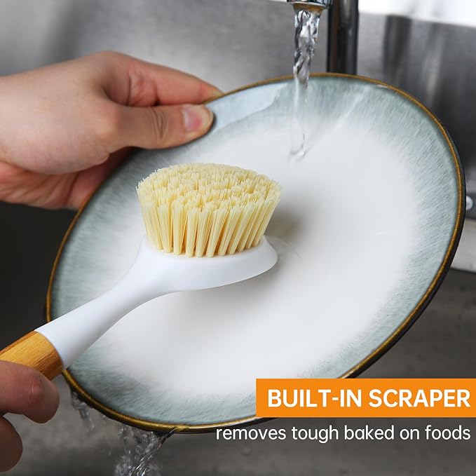 3 Pack Dish Brush Set with Bamboo Handle, Dish Scrubber Built-in Scraper, Kitchen Scrub Brush for Cleaning Cast Iron Cookware, Pans, Pots, Counter & Kitchen Sink (White)