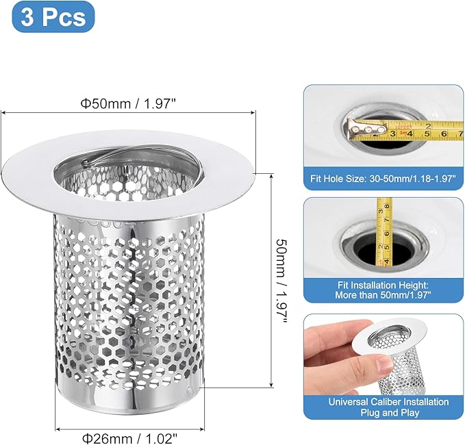 uxcell 2 Pack Shower Drain Strainer, 2" x 2" Stainless Steel Floor Drain Strainer Deep Sink Hair Catcher for Kitchen Bathroom Balcony Floor Drain, Fit Hole Size from 1.18" to 1.97"