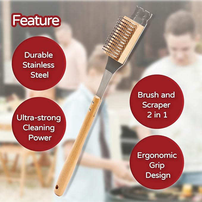 Pizza Oven Brush, 16.9 Inch Grill Cleaning Brush with Scraper, Stainless Steel Bristles with Beech Wood Handle, 2 in 1 Pizza Stones Brush, Ourdoor Pizza Oven Accessories, Heat Resistant