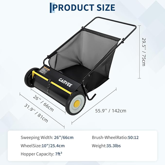 Garvee 26 Inch Push Lawn Sweeper, Leaf and Grass Collector with 7 Cu.ft Mesh Bag, 4 Spinning PP Brushes, Durable Steel Construction, Adjustable Height & Rubber Tires for Yard Cleanup