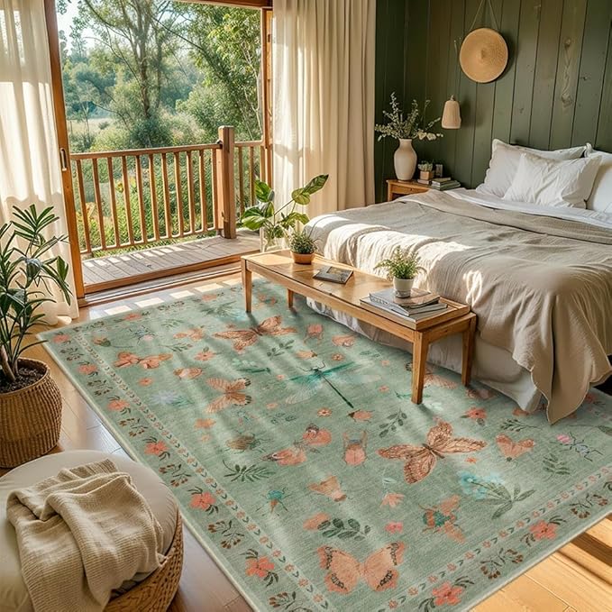5x7 Washable Area Rugs for Bedroom & Living Room - Inscet Floral Boho Vintage Rug,Soft & Non-Slip,Low Pile Wool Carpet for Indoor Dining Room,Girls Room,Nursery Room and Kids Room(Green)