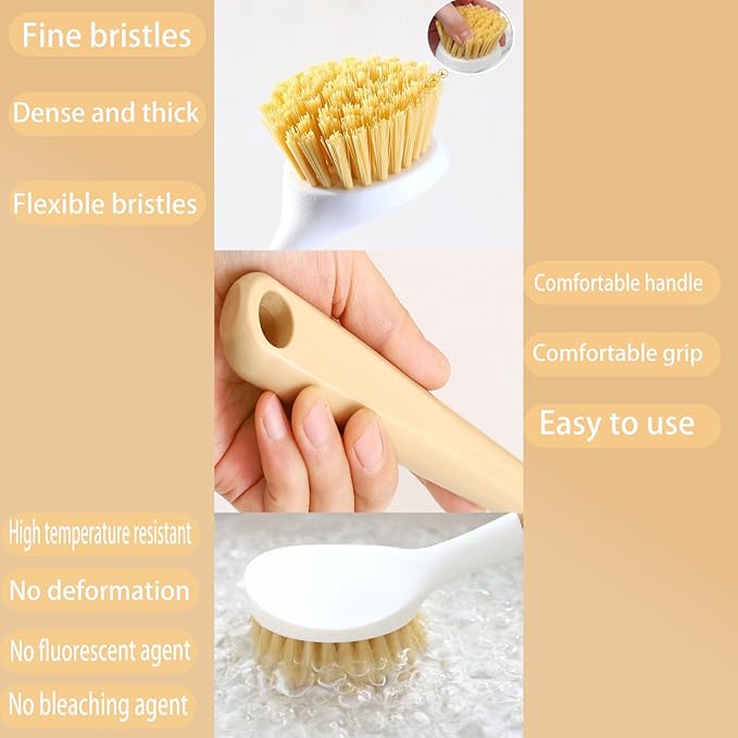 Dish Brush with Built-in Scraper, Non-Slip Durable Plastic Handle Heavy Duty Scrubber for Pots and Pans, Kitchen Sink Cleaning Caked-On Food, 2 Pack