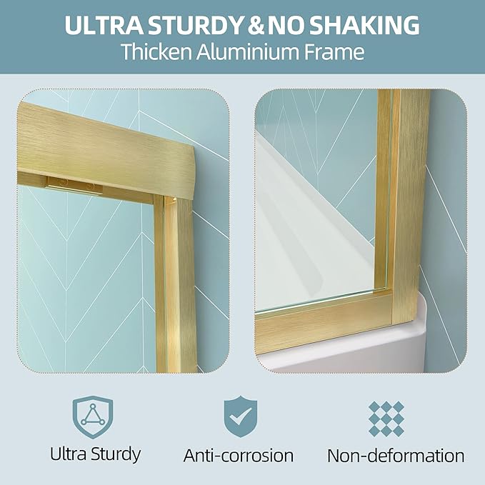 GETPRO Shower Door Double Sliding 62-66 in. W x 72 in. H Semi-Frameless Bypasss Bathroom Glass Shower Sliding Doors,1/4 inch Clear Tempered Glass Door for Walk-in Shower Brushed Gold