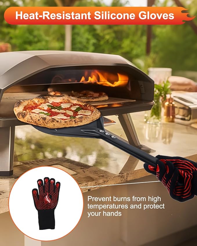 4PCS Perforated Pizza Peel 9&12 Inch, Heat-Resistant Oven Mitts, Bubble Spinner Turning Fork Pizza Peel Oven Tool Kit with 40 Inch Aluminum Handle for Home & Outdoor Pizza Ovens