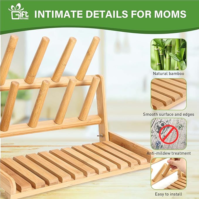 Bamboo Baby Bottle Drying Rack, Space Saving Countertop Bottle Holder Portable Dryer Rack Organizer for Baby Bottles, Cups, Pacifiers and Accessories, Birthday Box for Women Mother Mom