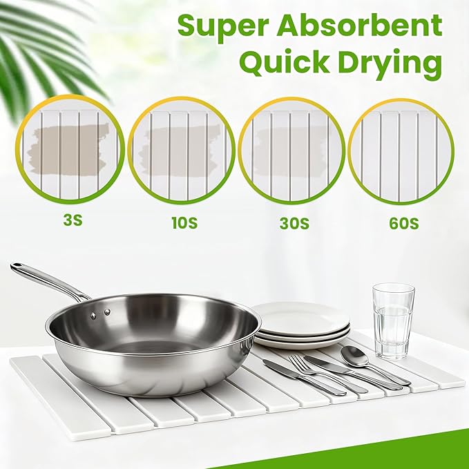 Stone Dish Drying Mat for Kitchen Counter, 24"x16" Large Quick Dry Stone Dishes Mats, Super Absorbent Diatomaceous Earth Drying Pad for Dishes, Cups, Bottles, Utensils