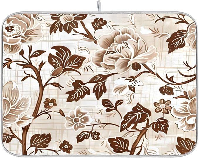 Brown Beige Floral Leaves Dish Drying Mat for Kitchen Counter Absorbent Microfiber Drying Pad, Medium 16x18 in