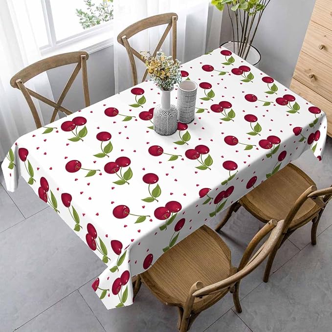 Red Cherry Table Cloth Rectangle Table Sweet Red Ripe Cherries Green Leaves 52x70 Tablecloths Decorative for Dining Kitchen Banquet Picnic Party