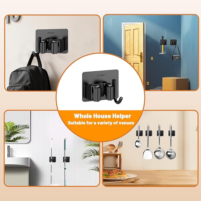 6 Pack Mop and Broom Holder Wall Mount - Stainless Steel Broom Mop Hanger - Wall Mounted Garden Tool Rack Organizer for Closet Garage Laundry Room Kitchen Decor