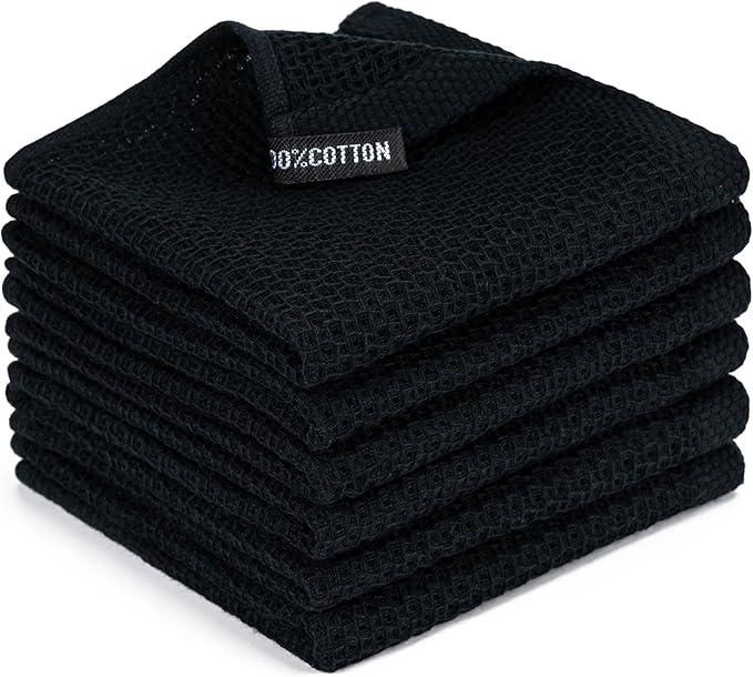 BOOMIBOO 6-Pack Kitchen Dish Cloths, 100% Cotton Waffle Weave, Ultra Soft Absorbent, Quick Drying Dish Towels, 12x12 Inches, Black