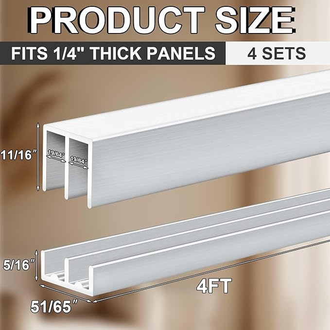 Landical 4 Set 4 ft Silver Aluminum Sliding Door Track Set for 1/4" Thick Panels Closet Glass Doors Cabinet Window Aluminum Alloy Metal Sliding Track