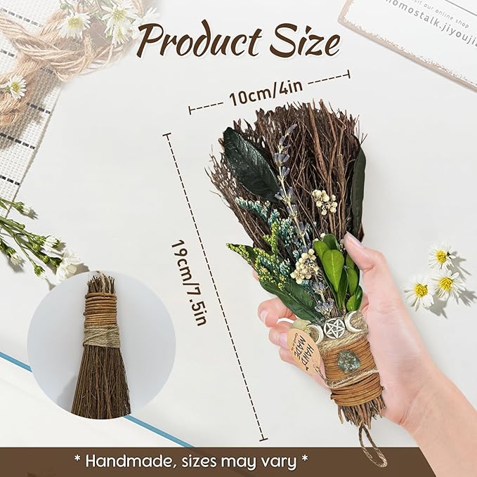Cinnamon Broom 7.5 Inch Witch Broom for Altar Magic Crystal Handmade Mini Cinnamon Broomstick Scented Natural Herbal Protection Witchcraft Supplies for Wiccan Décor Witchy Gifts (Green)