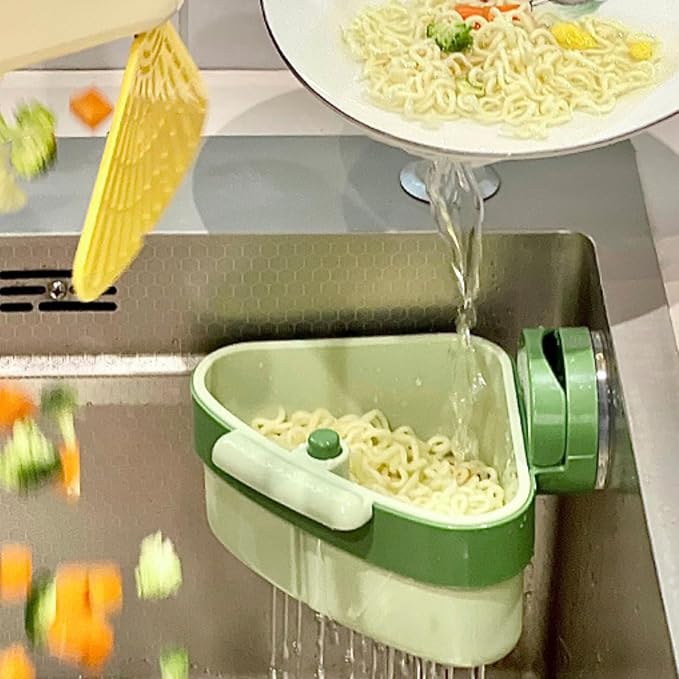 2PCS 2025 Upgraded Sink Corner Dish Rack with Suction Cups, Automatic Dumping Strainer Basket, Sponge Storage & Food Waste Catcher, Multi-Functional Kitchen Organizer