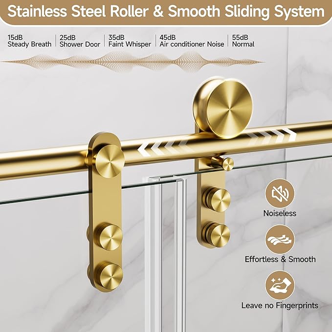 Frameless Bathtub Shower Door, 56-60" W x 60" H Single Sliding Tub Shower Glass Doors, 5/16" (8mm) SGCC Tempered Glass Bath Tub Door with Explosion-Proof Film, Brushed Gold, Easy to Clean