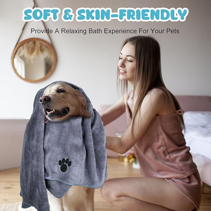 Microfiber Dog Towels for Drying Dogs,40'' X 23.6'', Super Absorbent and Soft Pet Grooming Towel, Perfect Shower & Bath Supplies for Dogs(2-Pack Grey)