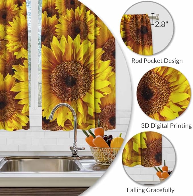 Sunflower Kitchen Curtains Vintage Rustic Grunge Flowers Field Blooms Yellow Petals Short Tier Curtains for Bathroom Cafe Small Window Drapes Treatment 2 Panels (27.5x39 Inch)