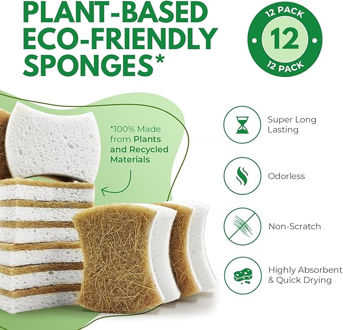 Natural Kitchen Sponges (12 Pack) - Biodegradable Cellulose & Coconut Scrubber Dish Sponge for Kitchen - Eco-Friendly, Non Scratch, Compostable, Non Toxic Natural Sponges for Dishes