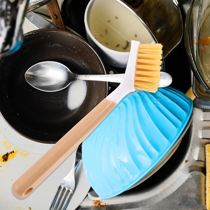 Cabilock Kitchen Dish Brush with Handle, Heavy Duty Stiff Scrub Brush for Cleaning Pans, Wok, Pots and Sink, Non-Scratch Dishwashing Scrubber with Scraper for Household Kitchen Utensil Supply