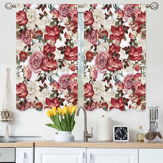 Vintage Floral Kitchen Curtains Red Pink White Peony Roses Bouquet Short Tier Curtains for Bathroom Cafe Small Window Drapes Treatment 2 Panels (27.5x39 Inch)