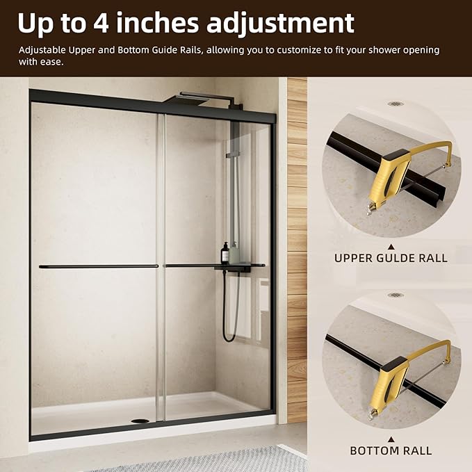 Shower Door,50-54" W x 70" H Semi-Frameless Double Sliding Glass Shower Doors with 1/4'' (6mm) Clear SGCC Tempered Glass Panel,Bypass Shower Enclosure,Matte Black