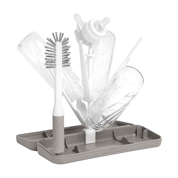 Ubbi On-The-Go Drying Rack and Brush Set, includes Travel Case and Bottle Brush for Compact Storage, Holds Up to 8 Bottles, Baby Travel Accessories, Taupe