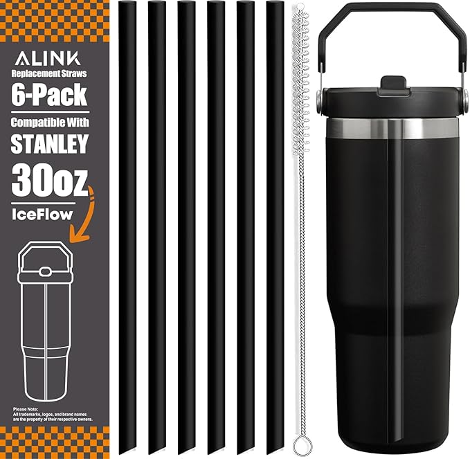 ALINK Replacement Straws for Stanley IceFlow Flip Straw Tumbler 30oz, 6 Pack Reusable Black Plastic Straws Compatible with 30oz IceFlow Cup with Cleaning Brush, Angled Design, Dishwasher Safe