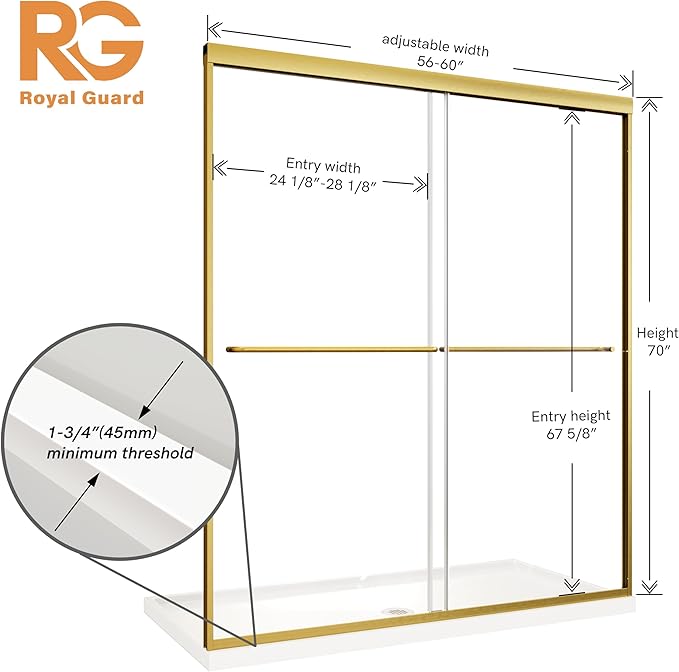 Shower Door,56-60" W x 70" H Semi-Frameless Double Sliding Glass Shower Door with 1/4'' (6mm) Clear SGCC Tempered Glass,Bypass Shower Enclosure,Brush Gold