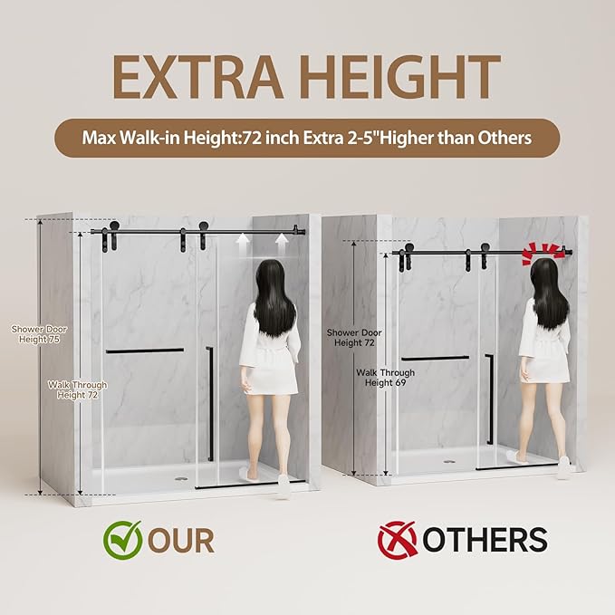 Frameless Shower Door, 56-60" W x 75" H Sliding Shower Glass Door, 5/16"(8mm) Tempered Glass Shower Doors for Walk in Shower with Explosion-Proof Film, Stainless Steel Hardware, Matte Black