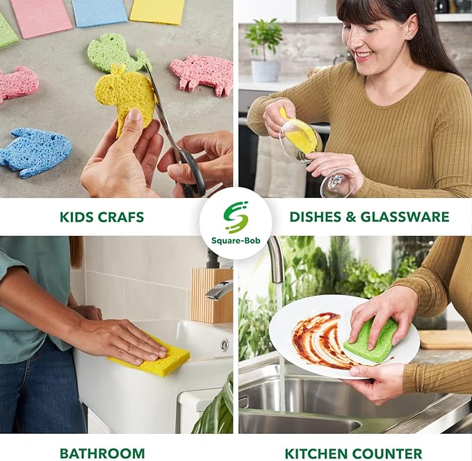 Compressed Non-Scratch Kitchen Sponges - Highly Absorbent for Dishes, Countertop, Sink, Car - Biodegradable, Quick Drying Cellulose Sponges - Assorted Colors (Pack of 12)