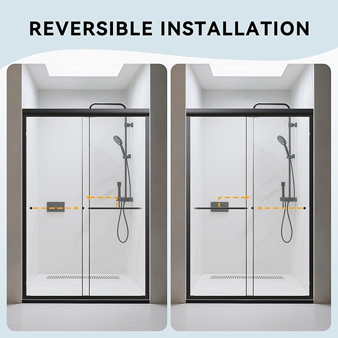44-48" W x 72" H Bathroom Double Sliding Shower Door, Semi-Frameless Shower Glass Doors with 1/4" (6mm) Clear SGCC Tempered Glass and Stainless Steel Handles, Easy to Install, Matte Black