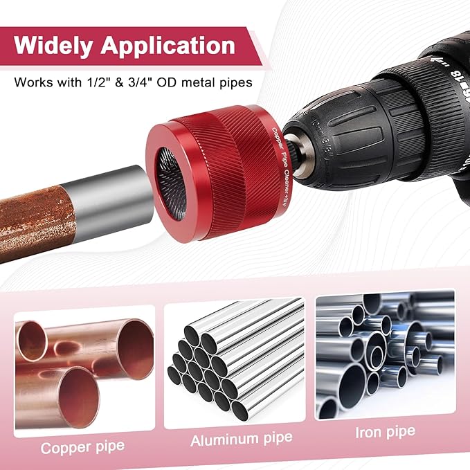 1/2" & 3/4" Copper Pipe Cleaner Set for Drill, with 1/4" Hex Shank & 6 Brush Blades & 2 Pipe Cleaning Brush, Plumbing Tools for Removing Rust, Stains & Paint from Copper & Metal Pipes, Red