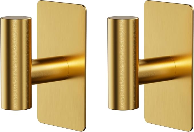Towel Hooks for Bathrooms – 2 Pack, Brushed Gold Finish, T-Shaped Stainless Steel Adhesive Wall Hooks for Robes & Towels in Kitchen, Shower, or Closet