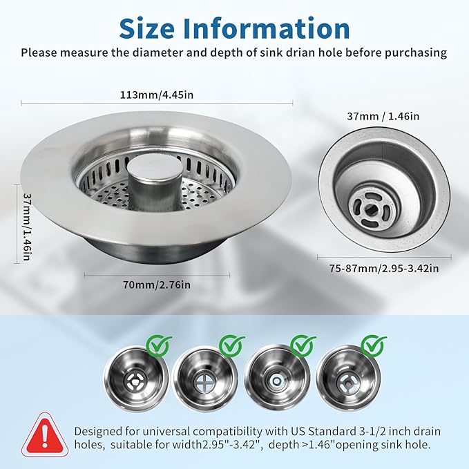 The Ultimate Kitchen Sink Solution: 3-in-1 Drain Strainer & Stopper. 304 Stainless Steel, Anti-Clogging, Anti-Odor for US Standard Drains. Easy Clean!(1)