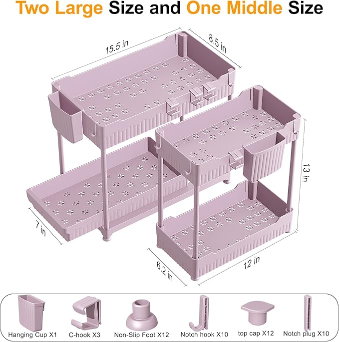 3 Pack Under Sink Organizers, 2-Tier Multi-Use Kitchen and Bathroom Organizers and Storage with Sliding Drawers，Bathroom Cabinet Organizer (Pink, 12.8 Inch)