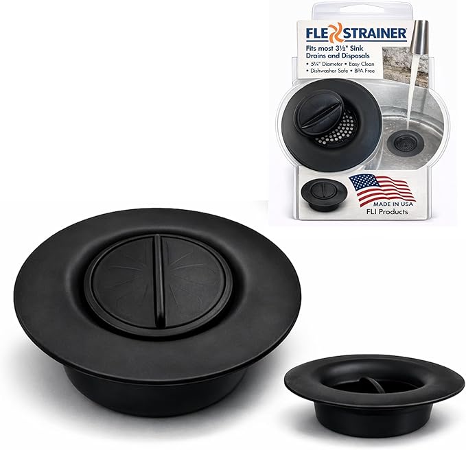 Flex Strainer® Sink Drain Strainer with Optional Stopper – No Center Stem, Fits Standard 3½” Sink Drains & Disposals – Easy Clean, Dishwasher Safe – Made in USA (Black, 1PK)