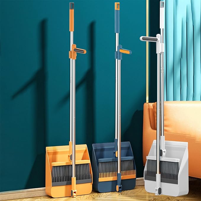 Broom and Dustpan Set, Long Adjustable Handle Indoor Sweeping Brooms, 180° Rotating Broom with Standing Storage and Scraping Teeth Dustpan to Clean Hair for Home Kitchen