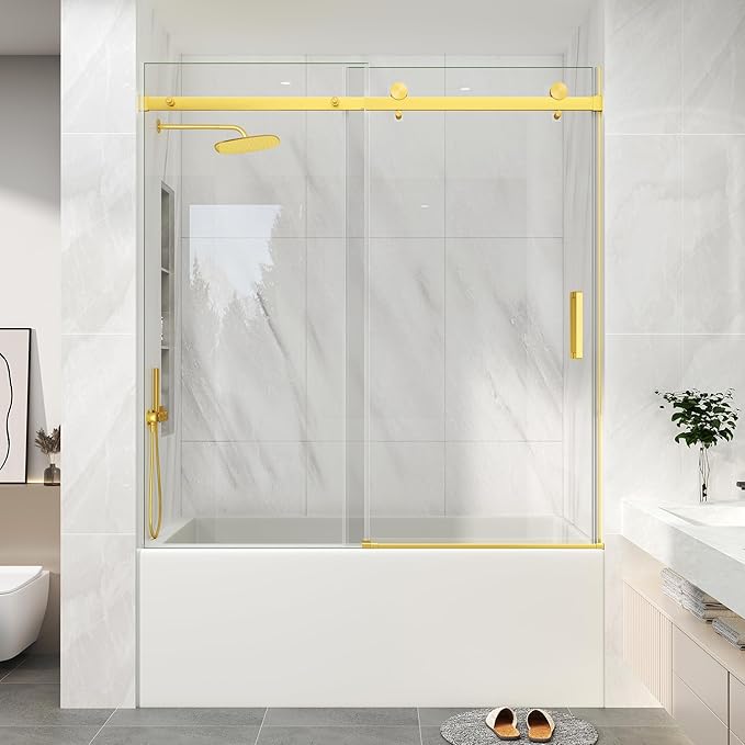 KPUY Frameless Sliding Bathtub Door, 55-60" W x 60" H Tub Shower Door, 1/4" (6mm) Thick Tempered Clear Glass with Explosion-Proof Film Nano Coating, Brushed Gold