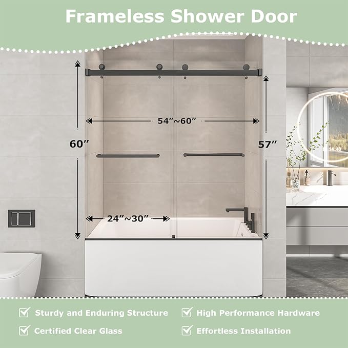 54"-60" W x 60" H Frameless Bathtub Shower Door, Double Sliding Shower Door,5/16"(8mm) Clear Tempered Glass,Bathtub Glass Door with Explosion-Proof Film (Matte Black 60" Wx60 H)