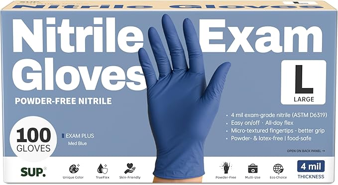 SUP Powder-Free Nitrile Exam Gloves, 100 Count Food Safe Latex-Free Medical Non-Sterile Cooking Disposable Glove, Blue