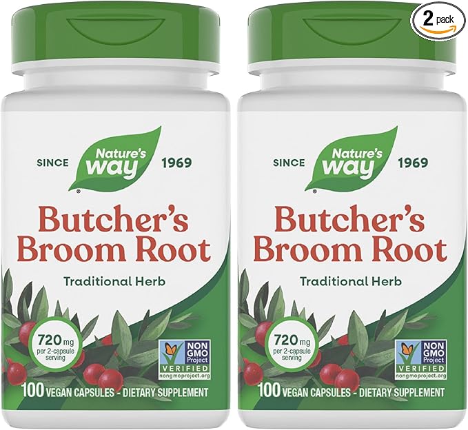 Nature's Way Butcher's Broom Root, Traditional Leg Vein Support*, 100 Vegan Capsules (Pack of 2)